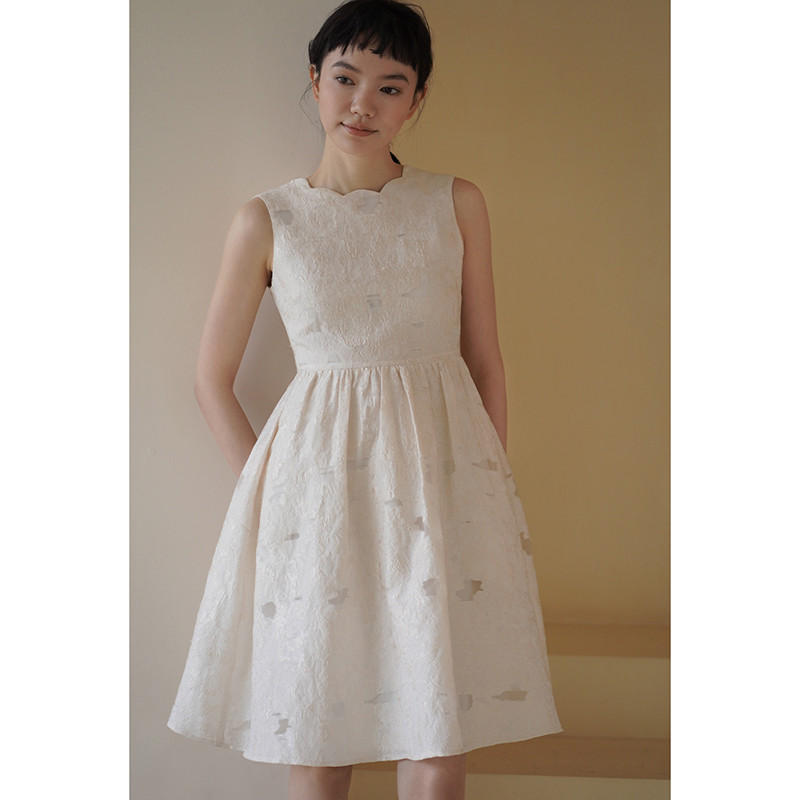 立体浮き彫りノースリーブワンピース　ジャカードフランス風ワンピース　ベージュ　S-XL#728