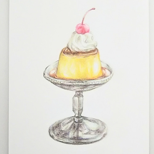 色鉛筆画 原画 1点物 プリン レトロ 喫茶店 スイーツ イラスト ハガキ