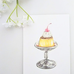 色鉛筆画 原画 1点物 プリン レトロ 喫茶店 スイーツ イラスト ハガキ