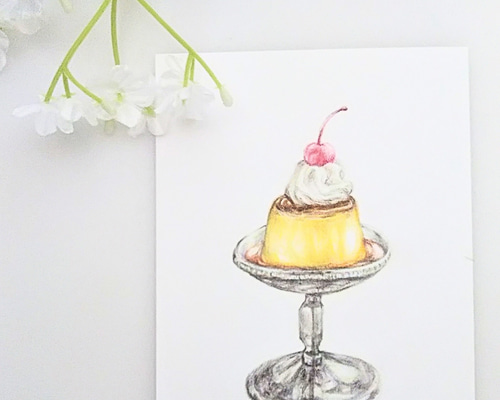 色鉛筆画 原画 1点物 プリン レトロ 喫茶店 スイーツ イラスト ハガキ