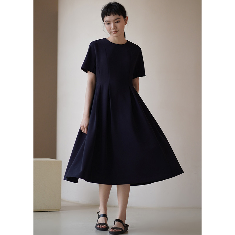 しわになりにくい半袖ワンピース　たれ感ありワンピース　ネイビー　S-XL#729