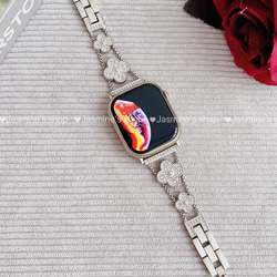 【新入荷】Applewatchクローバーラインストーンチェーンベルト　シルバー　全サイズあり　series 10対応 2枚目の画像