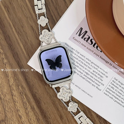 【新入荷】Applewatchクローバーラインストーンチェーンベルト　シルバー　全サイズあり　series 10対応 4枚目の画像