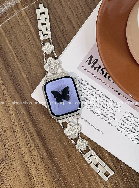 【新入荷】Applewatchクローバーラインストーンチェーンベルト　シルバー　全サイズあり　series 10対応 4枚目の画像