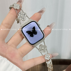 【新入荷】Applewatchクローバーラインストーンチェーンベルト　シルバー　全サイズあり　series 10対応 3枚目の画像