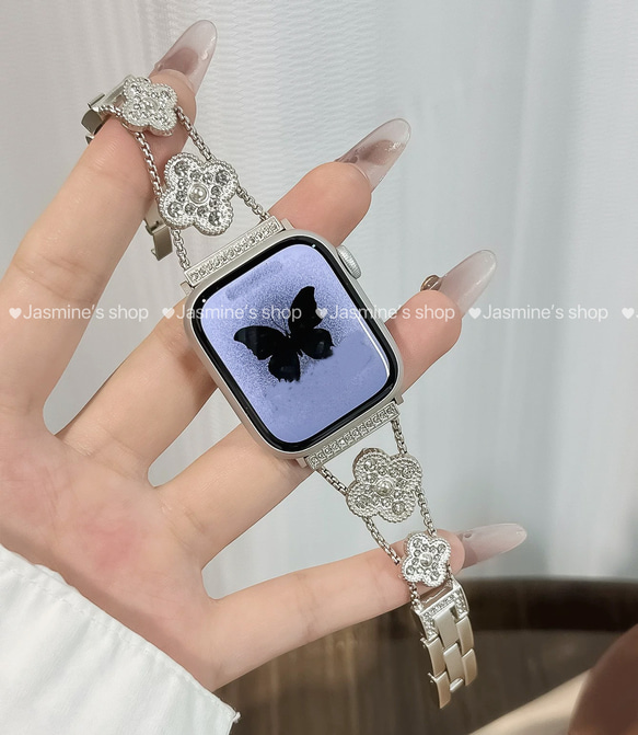 【新入荷】Applewatchクローバーラインストーンチェーンベルト　シルバー　全サイズあり　series 10対応 3枚目の画像