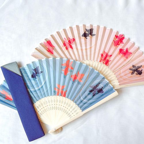 名入れ扇子セット☆金魚柄＆選べるケース】刻印無料・涼しげカラー