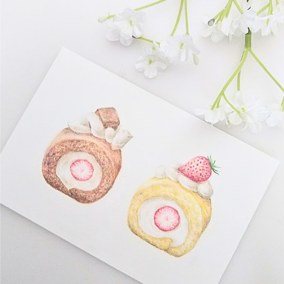 色鉛筆画 原画 1点物 キズありのため特価 ロールケーキ スイーツ