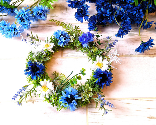玄関ドアリース 夏リース ブルーフラワーとマーガレット 母の日、お