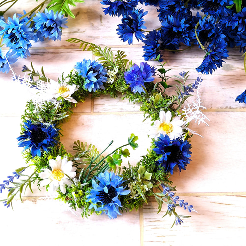 玄関ドアリース 夏リース ブルーフラワーとマーガレット 母の日、お