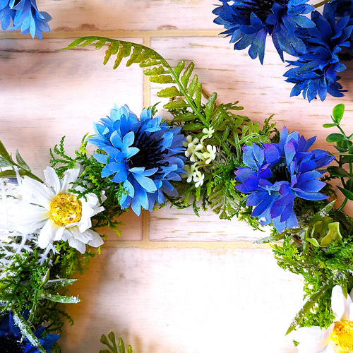 玄関ドアリース 夏リース ブルーフラワーとマーガレット 母の日、お