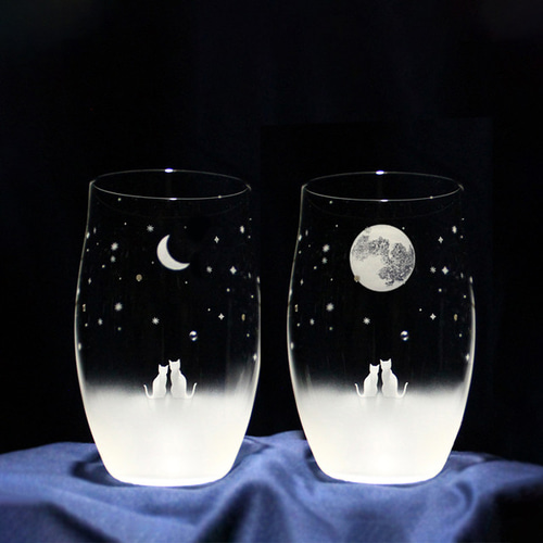 送料無料 【一緒にみる三日月＆満月の夜空】Lサイズペアセット 猫