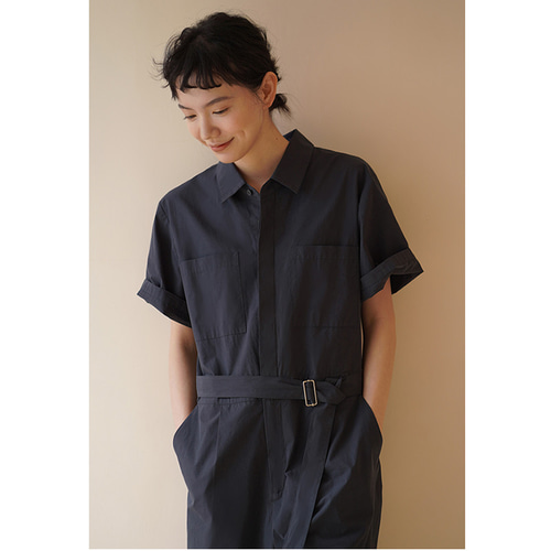 半袖オールインワン サロペット ウエスト紐付き ネイビー S-XL#732