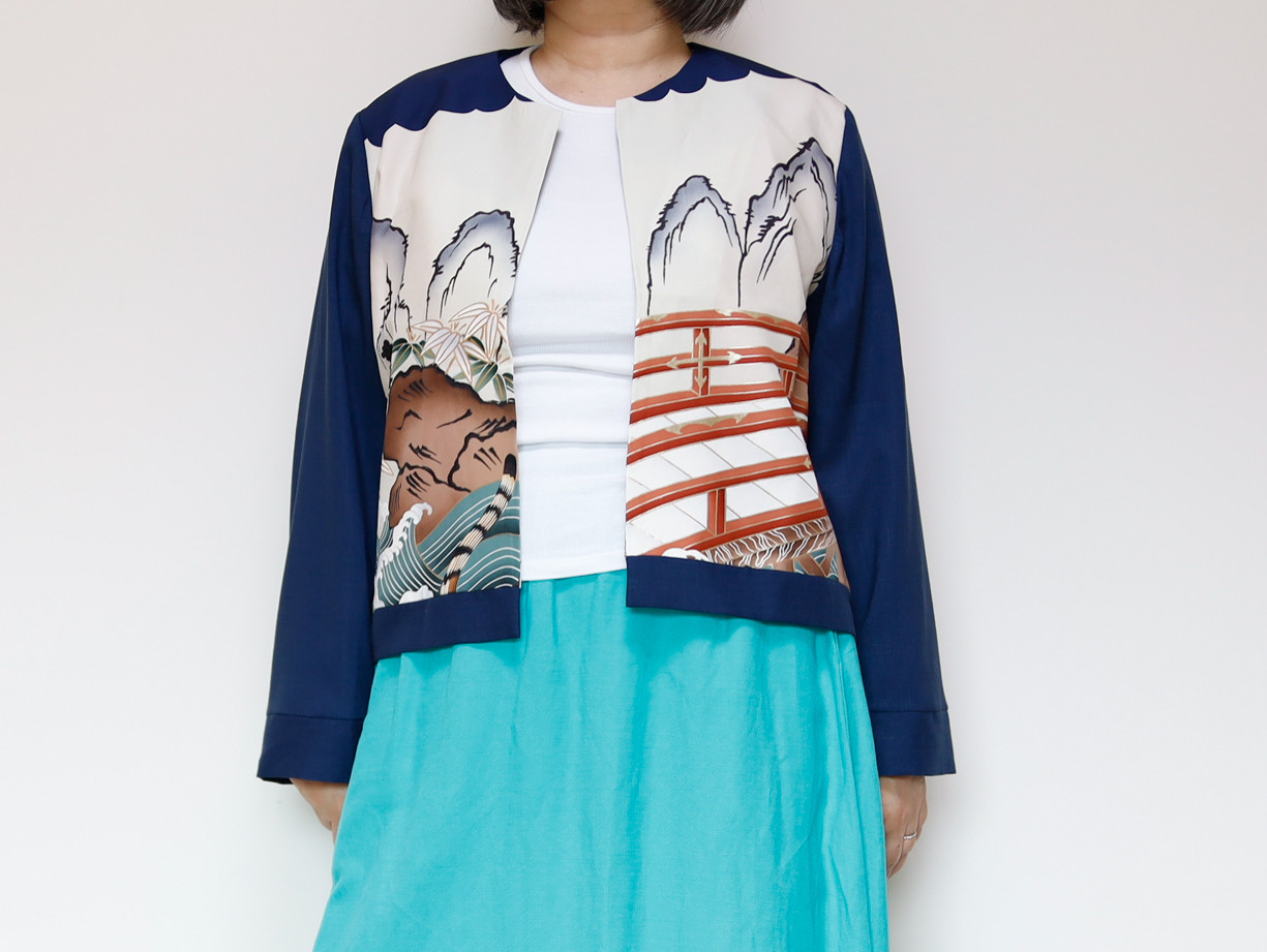 【１点もの】KIMONO CREW NECK JACKET  -ヴィンテージ着物を使ったクルーネックジャケット