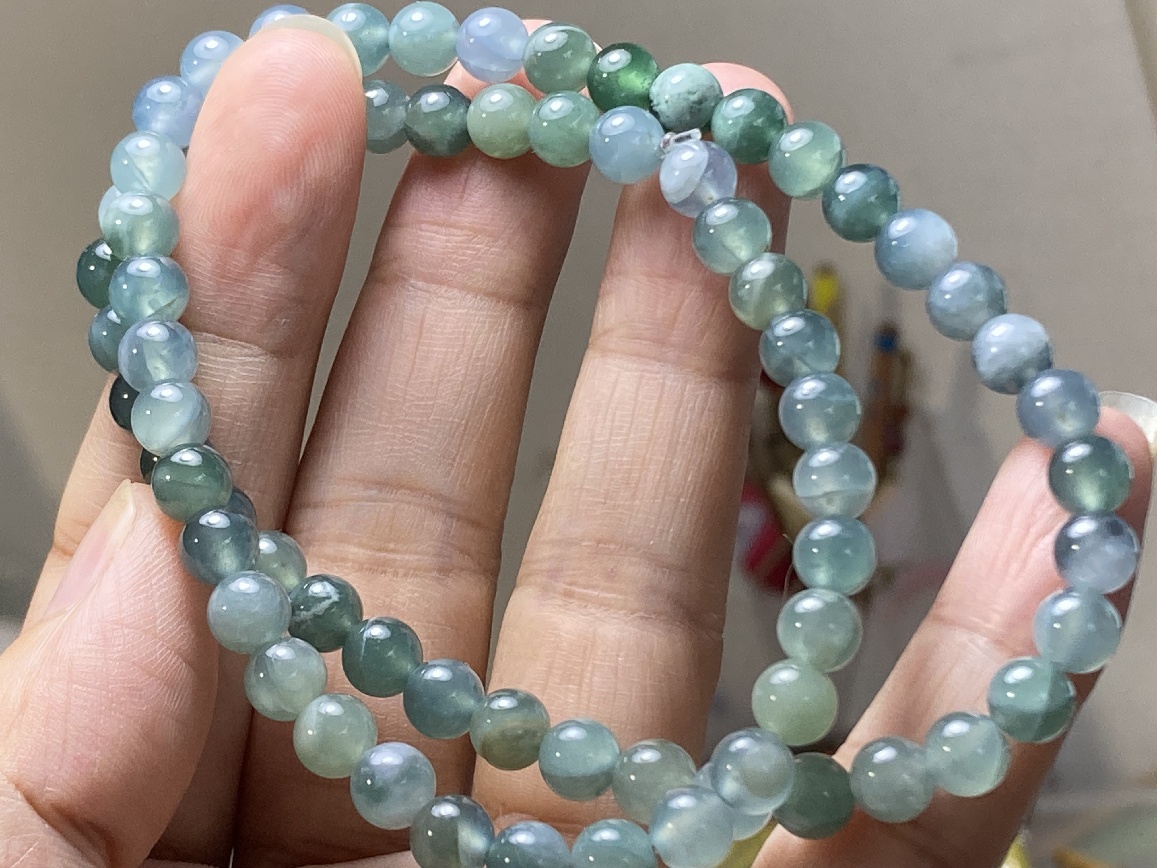 BR7-21 一点物 高氷種 氷種 青緑 青色 薄水緑 6.0mm グアテマラ産 天然 本翡翠 ブレスレット
