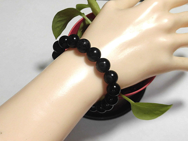 天然石 黒水晶観世音菩薩10.6mm～10.9mm玉ブレスレット 内周16.2cm 　　250720157