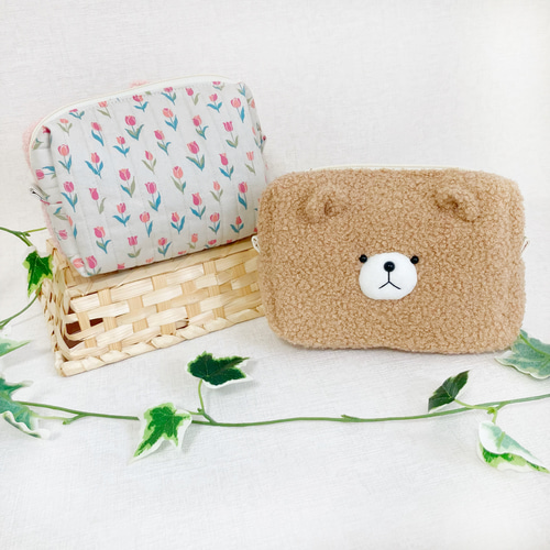 ふわふわ大きめポーチ スクエアポーチ くま うさぎ ねこ ひよこ