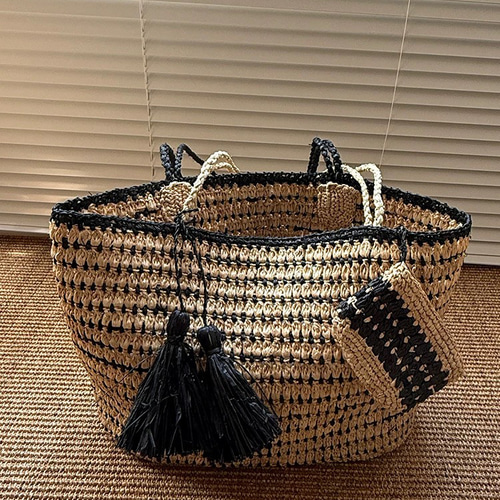 手編み ラフィアかごバッグ タッセル・ミニポーチ付き ショルダー