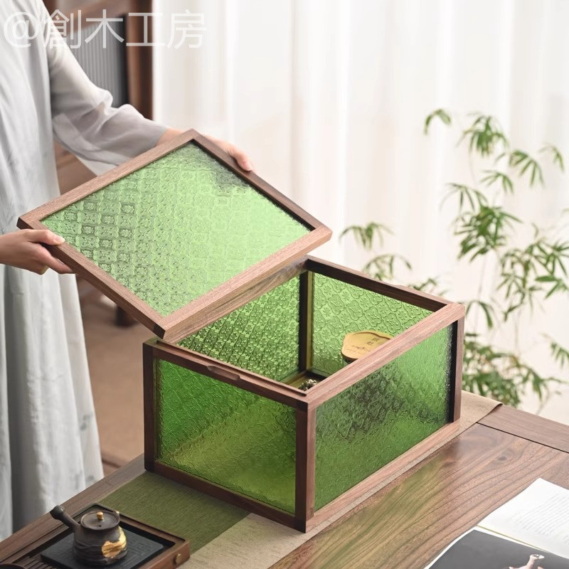 花柄フローラガラス収納箱 大容量 木製A4サイズ ヴィンテージ風 フリーボックス コレクションケース 小物入れ