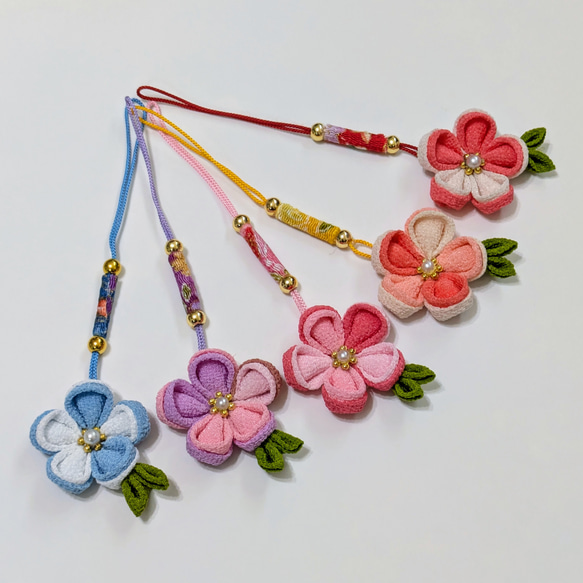 つまみ細工 花ストラップ 根付ストラップ チャーム ちりめん細工