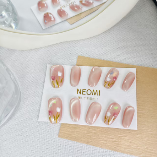 ネイルチップ ロング ピンク ホワイト 蝶々 はな 美しい キャッツアイ