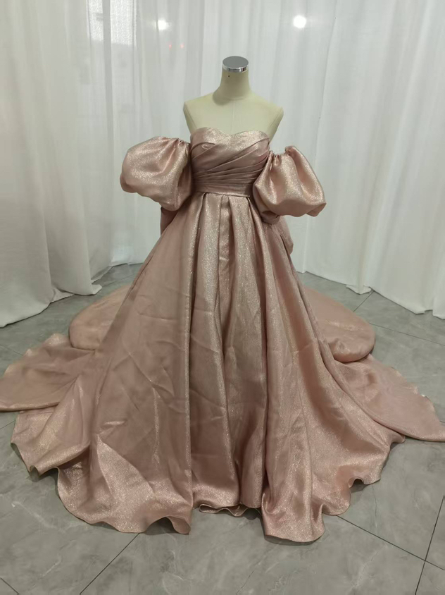 パーティードレス 薄ピンク ベアトップ 取り外し袖 豪華なバックリボン ロングトレーン 披露宴