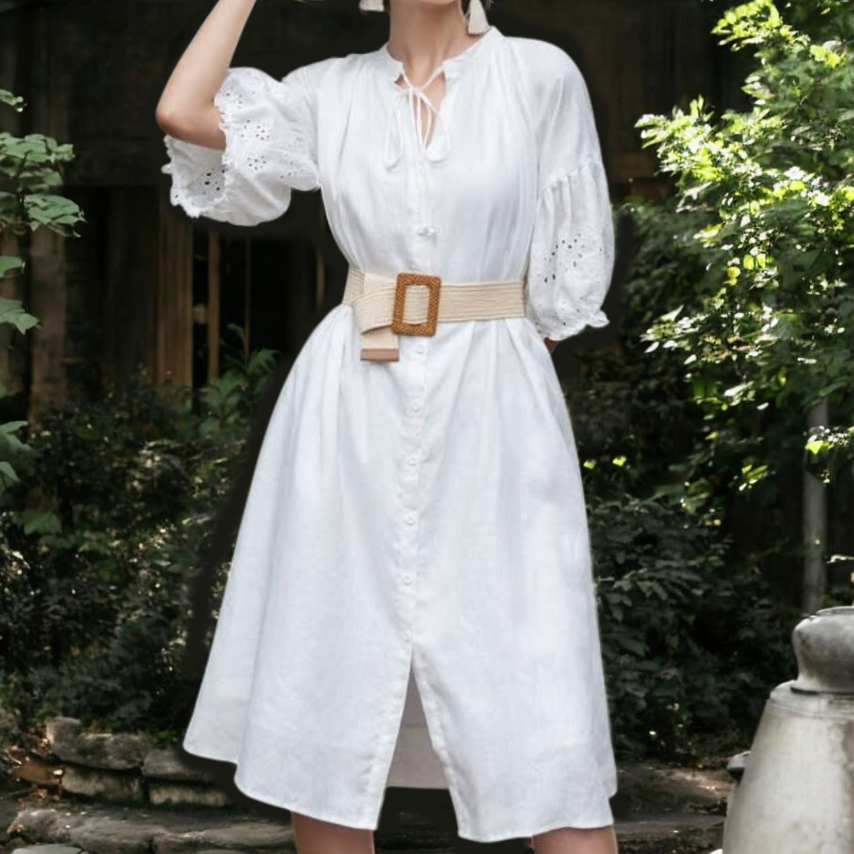 プレミアムリネンワンピース｜ホワイト｜五分袖レース｜ゆったりシルエット｜サステナブルファッショ｜ オーダーメイド・ L2