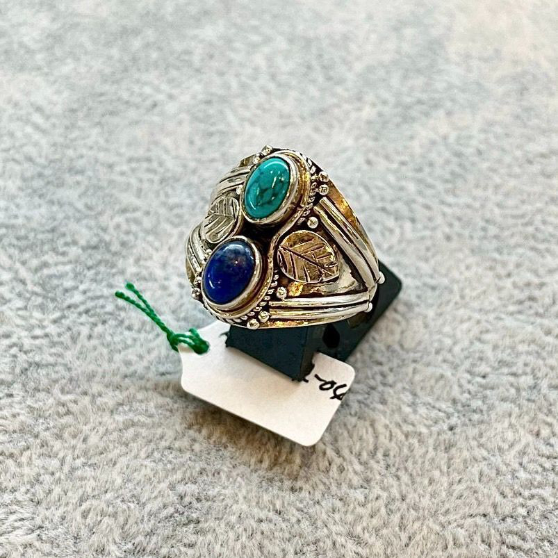 シルバーリング ターコイズ ラピスラズリ シルバー925 天然石 18号 ハンドメイド 一点物 ブルー グリーン