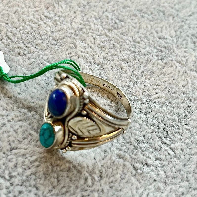 シルバーリング ターコイズ ラピスラズリ シルバー925 天然石 18号 ハンドメイド 一点物 ブルー グリーン