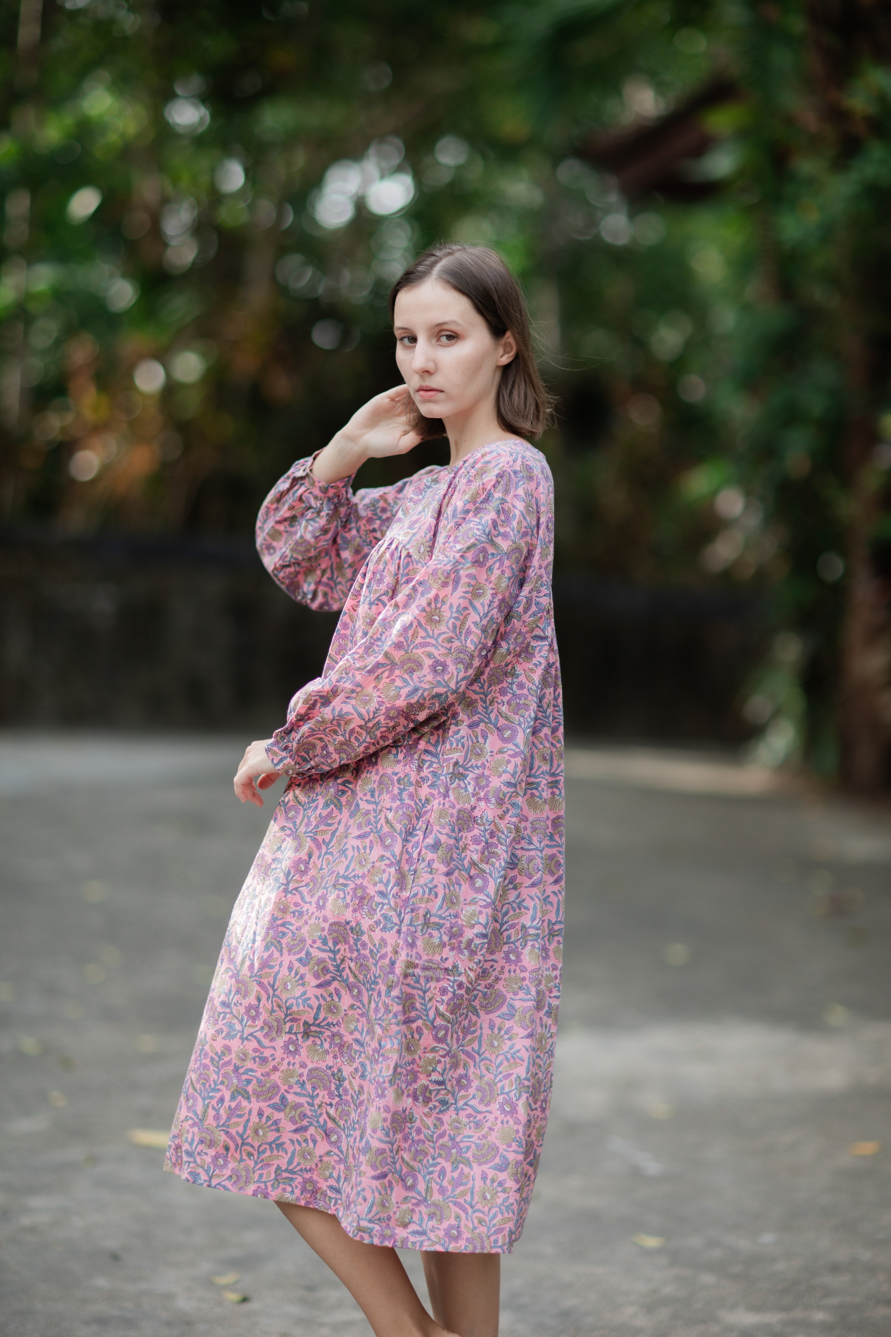 スリットネック膝下ワンピース/ハンドブロックプリント/pink