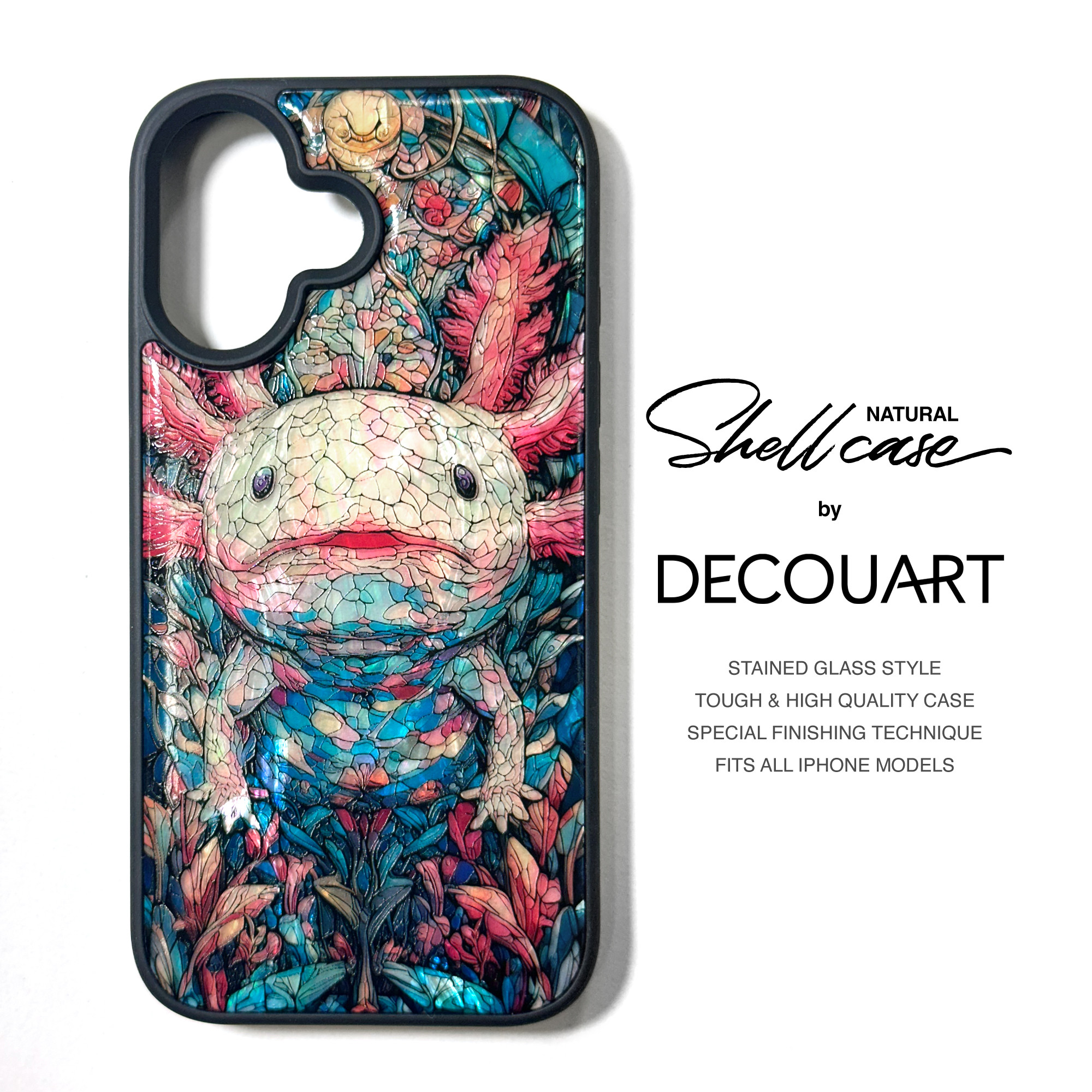 iPhone 17 16 ウーパールーパー 螺鈿風 名入れ可 天然貝シェル 全機種対応 ケース 耐衝撃カバー 068