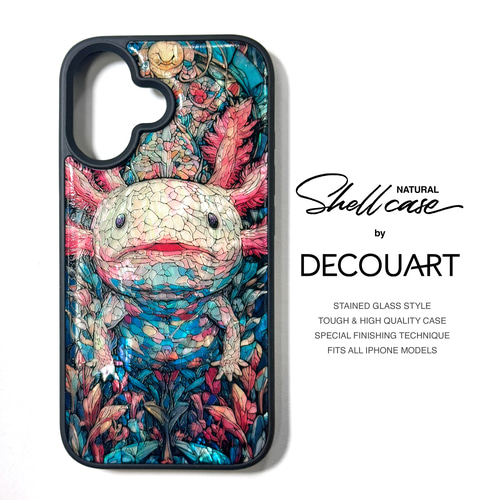 iPhone 17 16 ウーパールーパー 螺鈿風 名入れ可 天然貝シェル 全機種