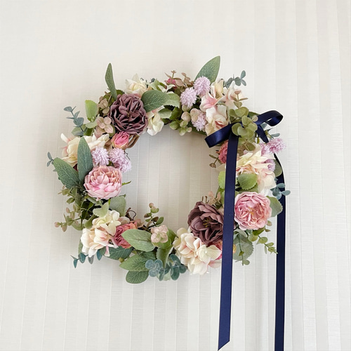 淡いピンクのフラワーリース 春リース アーティフィシャルフラワー