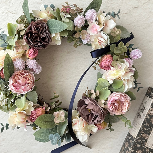 淡いピンクのフラワーリース 春リース アーティフィシャルフラワー