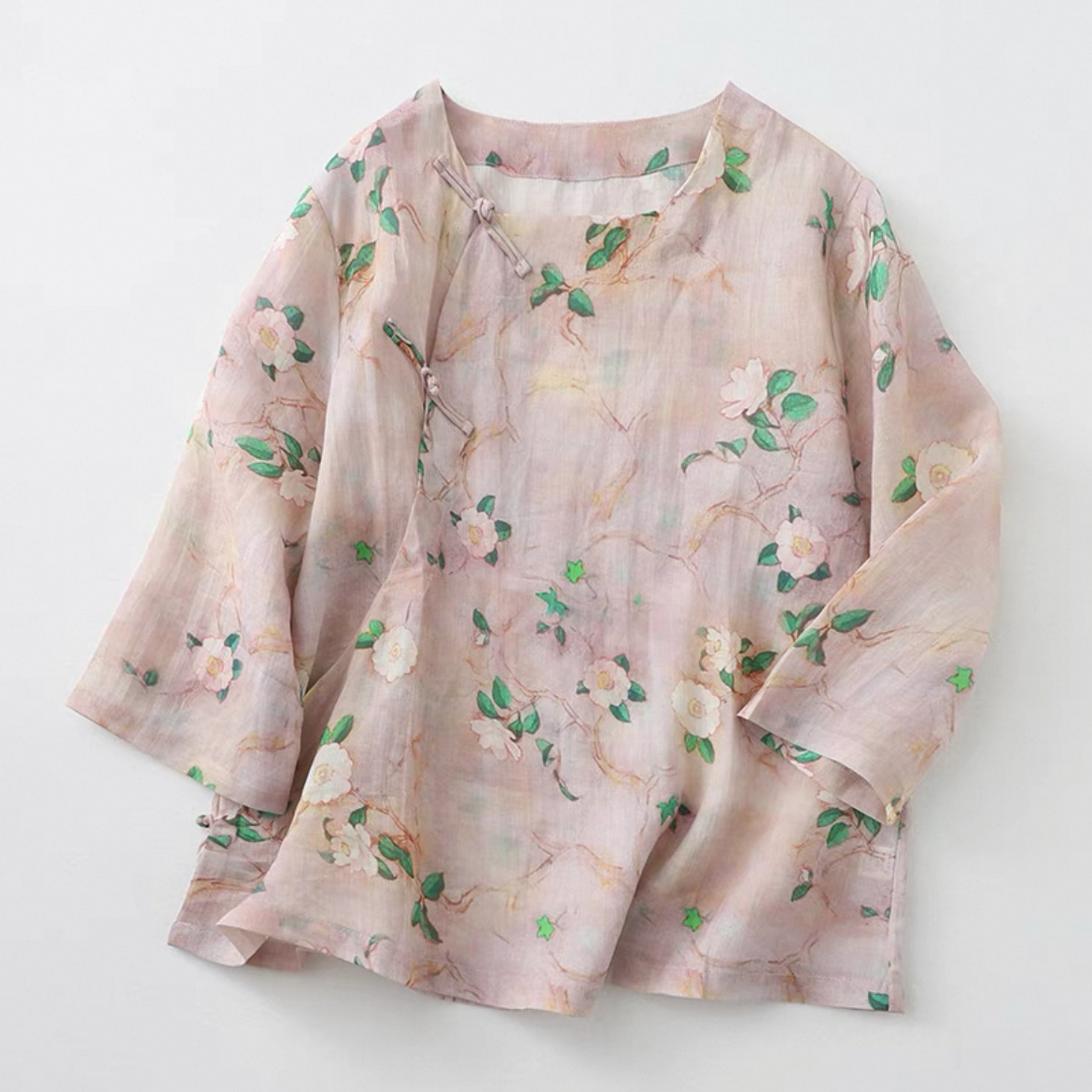ゆったりトップス、シャツ、綿麻、花柄、夏、大人、春色、