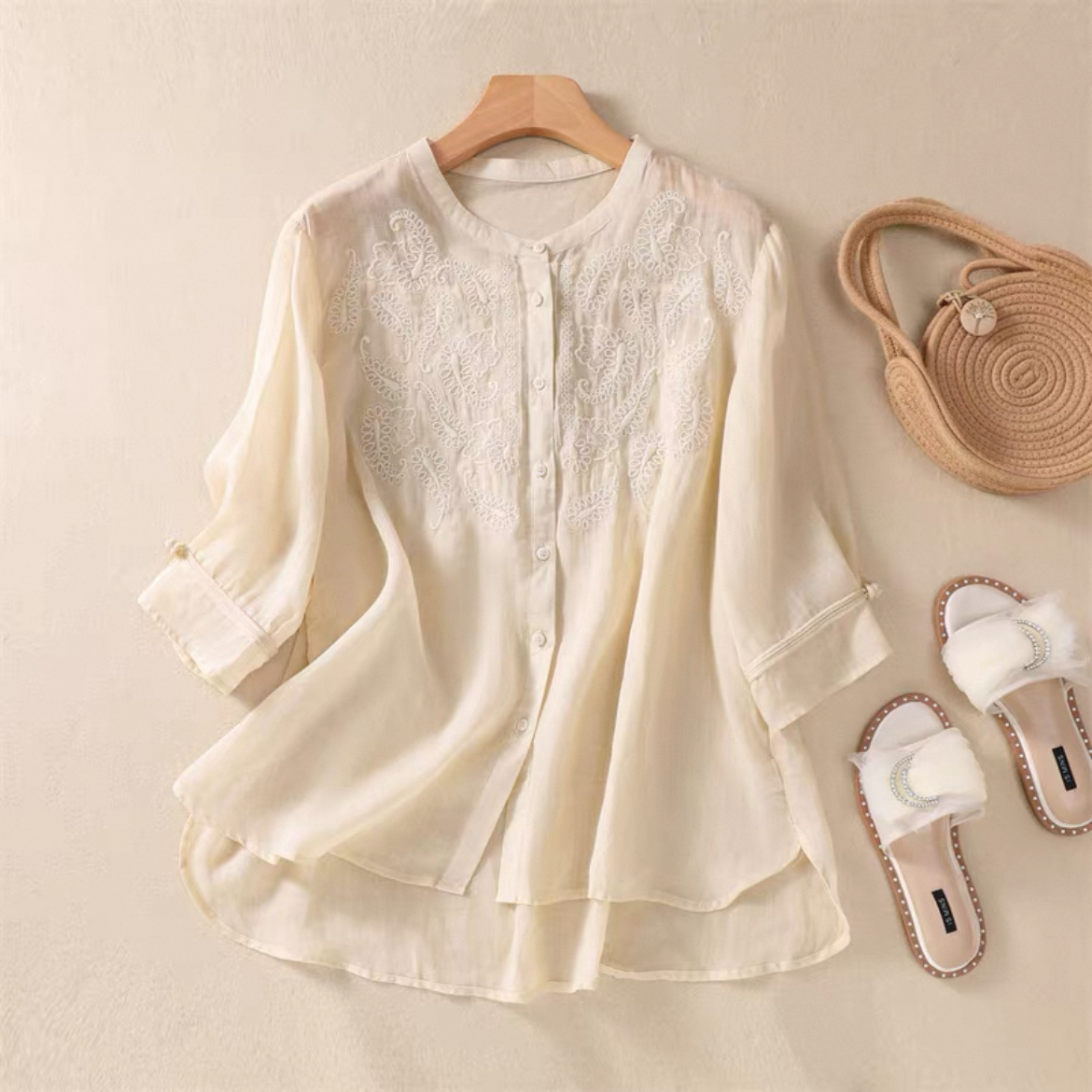 ゆったりトップス、シャツ、綿麻、無地、夏、大人、春色、刺繍