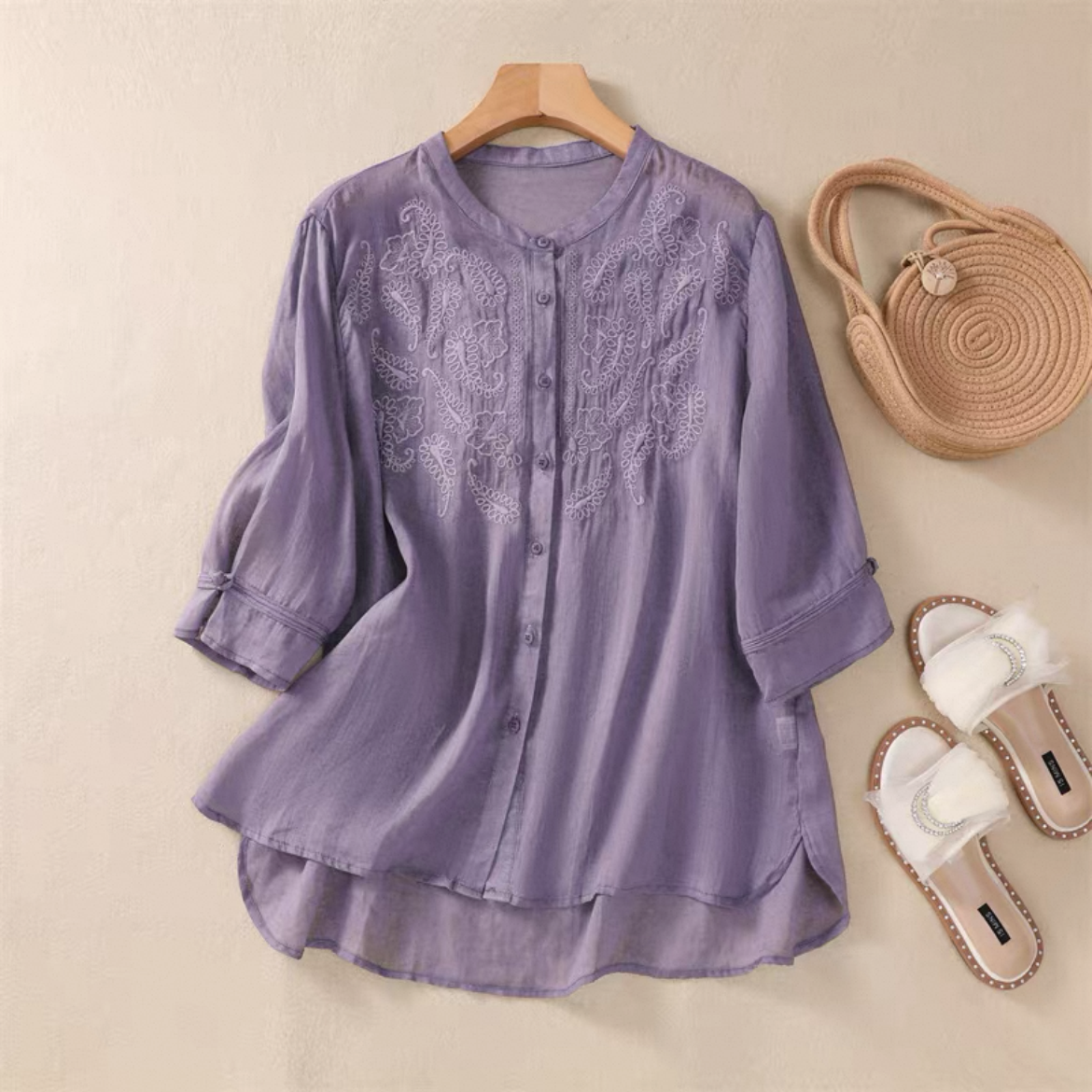 ゆったりトップス、シャツ、綿麻、無地、夏、大人、春色、刺繍