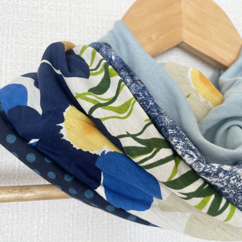 BYD綿90%ターバン兼用デニム風＆ブルー花柄&ドットハンドメイドネック  