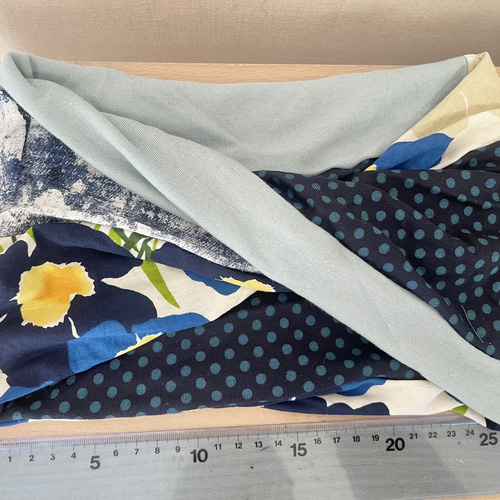 BYD綿90%ターバン兼用デニム風＆ブルー花柄&ドットハンドメイドネック  