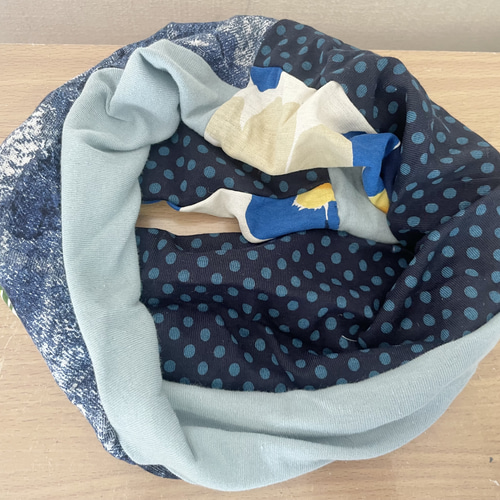 BYD綿90%ターバン兼用デニム風＆ブルー花柄&ドットハンドメイドネック  