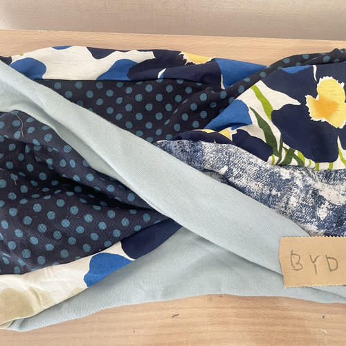 BYD綿90%ターバン兼用デニム風＆ブルー花柄&ドットハンドメイドネック  