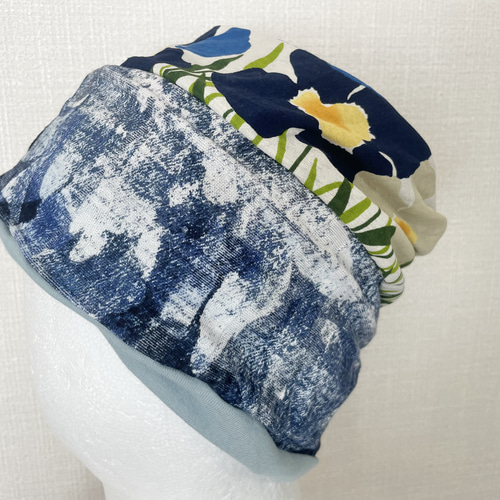 BYD綿90%ターバン兼用デニム風＆ブルー花柄&ドットハンドメイドネック  