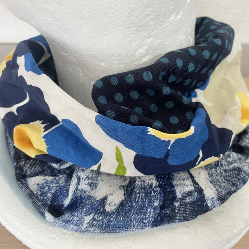 BYD綿90%ターバン兼用デニム風＆ブルー花柄&ドットハンドメイドネック  