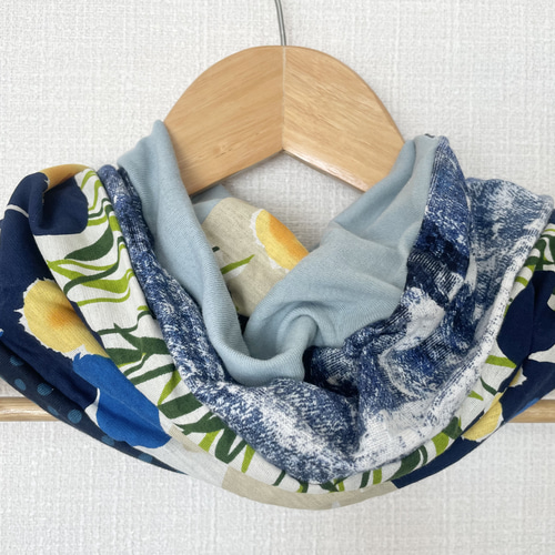 BYD綿90%ターバン兼用デニム風＆ブルー花柄&ドットハンドメイドネック  