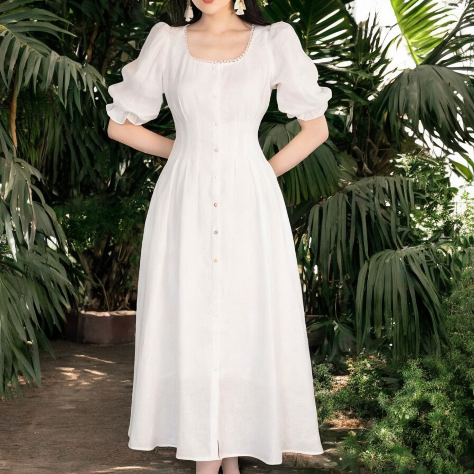 白い/ ピンク ナチュラルリネンワンピース｜丸首・前ボタン・七分袖｜エレガント＆サステナブルデザイ L303