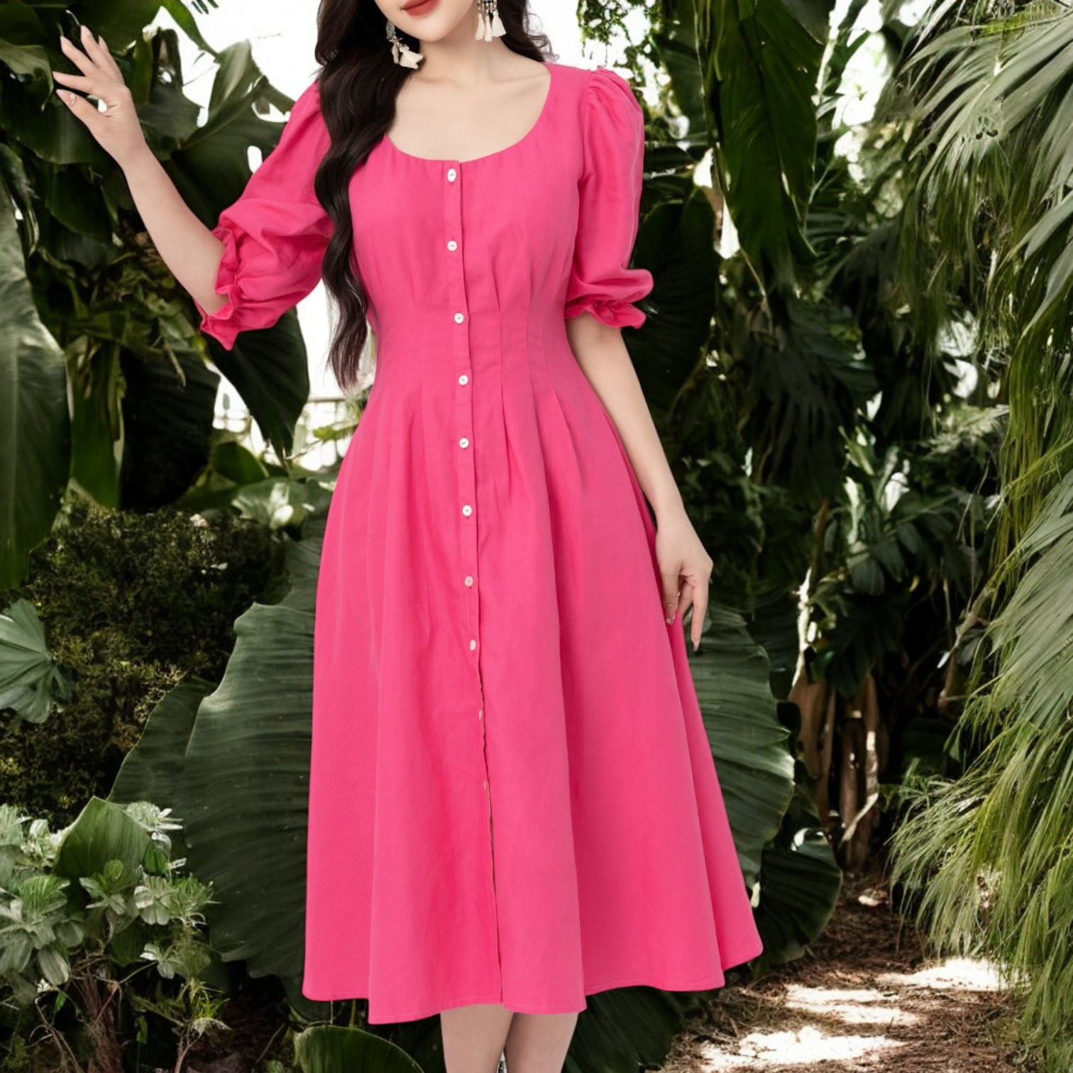 ピンクナチュラルリネンワンピース｜丸首・前ボタン・七分袖｜エレガント＆サステナブルデザイ L303