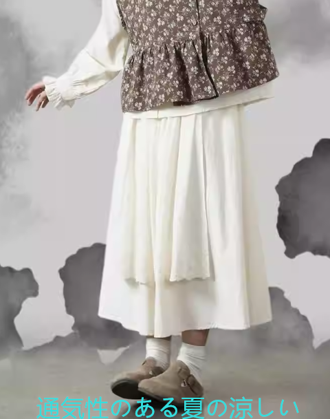 オリジナルの文学的な純粋な綿のスプライシング偽のツーピーススカート女性向け2025スプリングルースカジュアルな多才なミデ