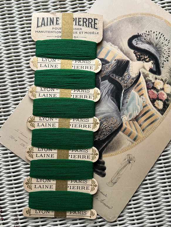 アンティーク糸巻き フランスアンティーク 糸巻き LAINE St-PIERRE グリーン 未使用 デッド