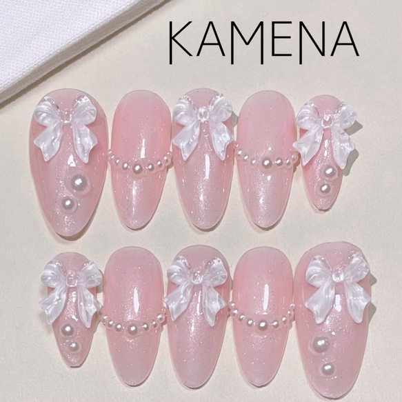 ネイルチップ オーダーネイル ガーリーネイル ワンホン 韓国ネイル ネイルチップ サイズオーダー ワンホンネイル 韓国ネイル リボンネイル