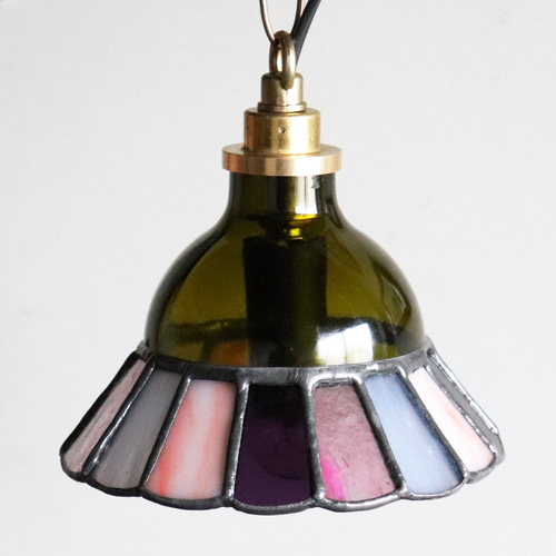 グリーン×ピンク系】ステンドグラスミニペンダントライト花型｜吊下げ